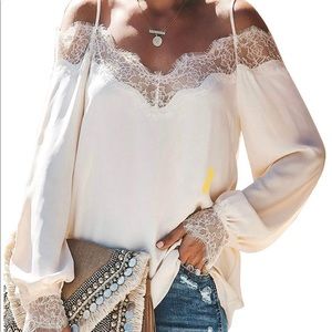 Long sleeve lace v-neck cold shoulder top